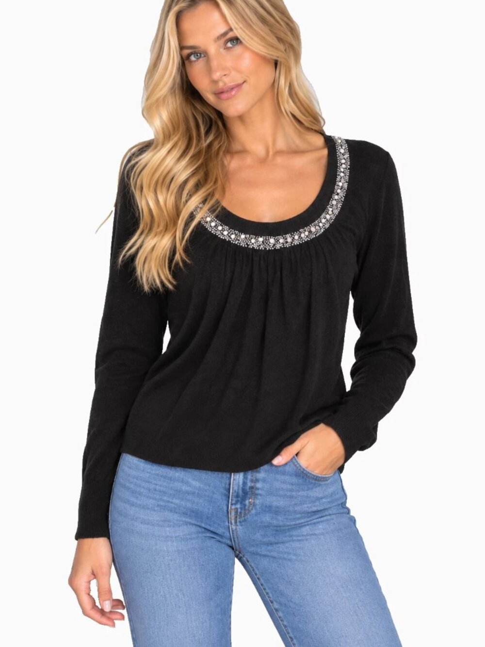 Magaschoni Black Beaded Embellished Bejeweled Scoop Neck Sweater L Large